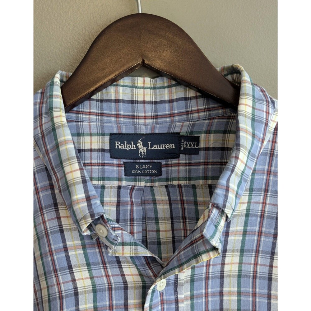 Vintage Ralph Lauren Mens XXL Blake Button Down Shirt Blue Plaid 90s Cotton LS